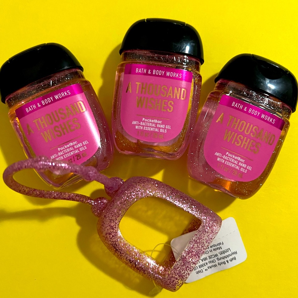 3 Bath & Body Works A THOUSAND WISHES Pocketbac Hand Sanitizer Gels + 1 Holder